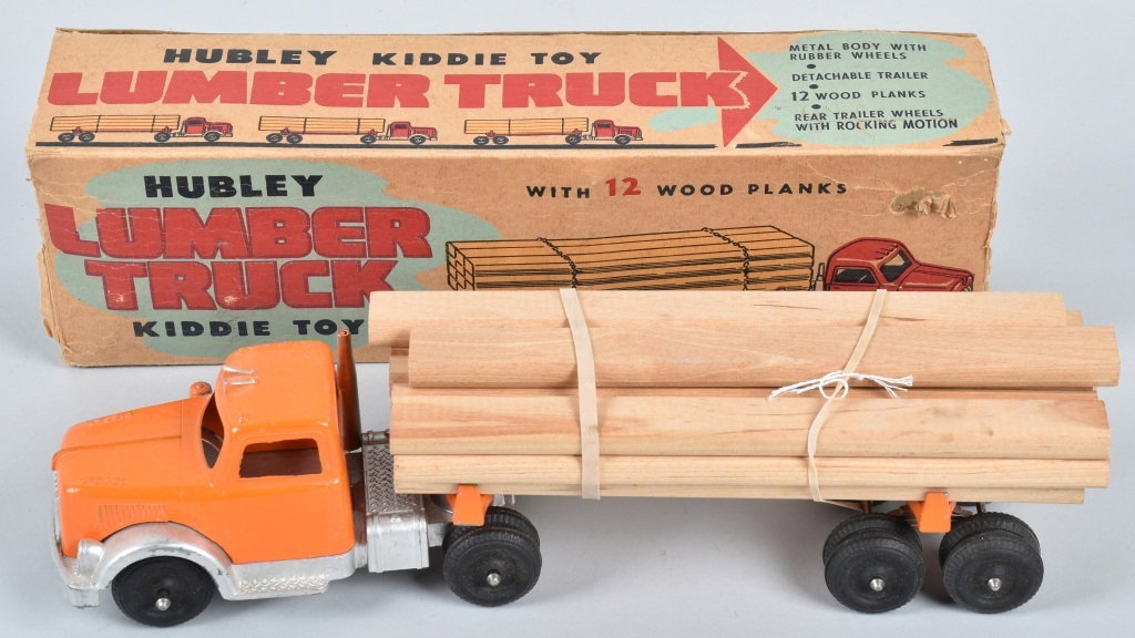 1950's HUBLEY DIECAST LUMBER TRUCK with BOX: 13" long, excellent condition with nice box missing end flaps.