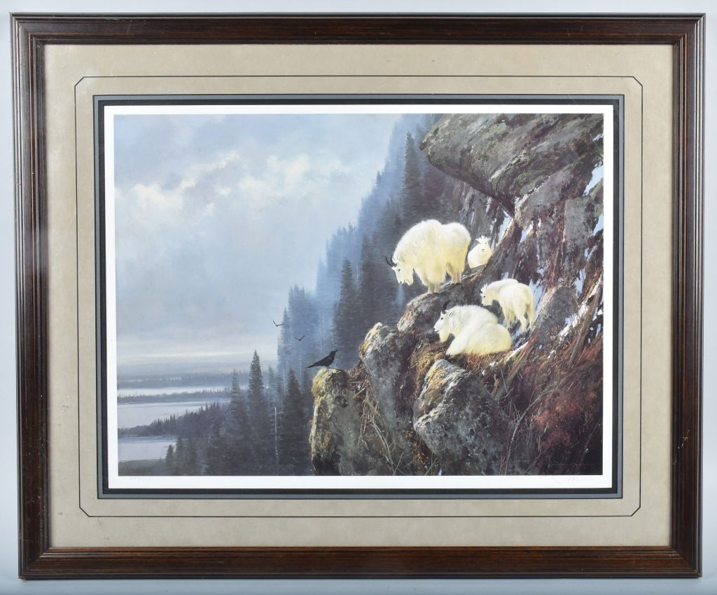 MICHAEL COLEMAN MOUNTAIN GOATS SIGNED PRINT: Frame measures 38" by 31", great graphics and nicely matted. Signed by the artist. Excellent