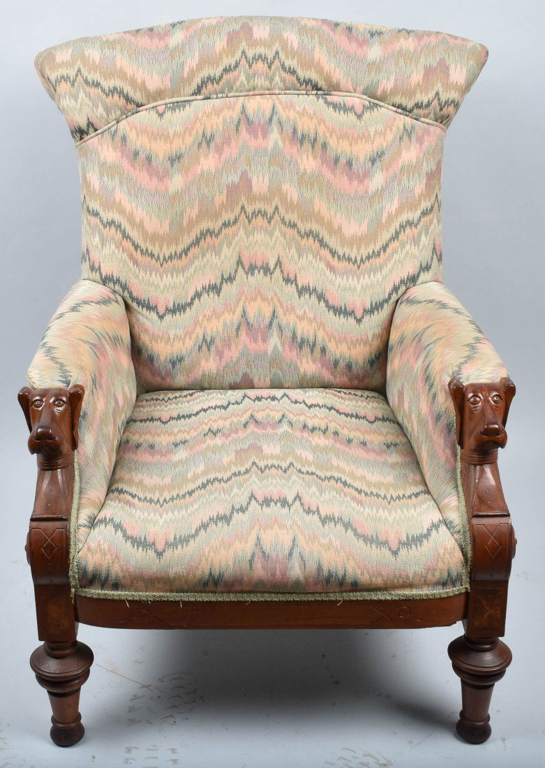 VICTORIAN UPHOLSTERED CHAIR with  DOG HEAD ARMS (1 of 7)