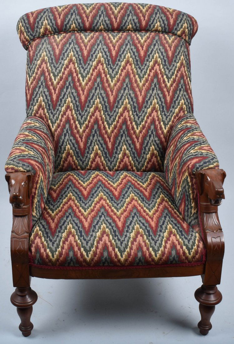 VICTORIAN UPHOLSTERED CHAIR with  DOG HEAD ARMS (1 of 8)