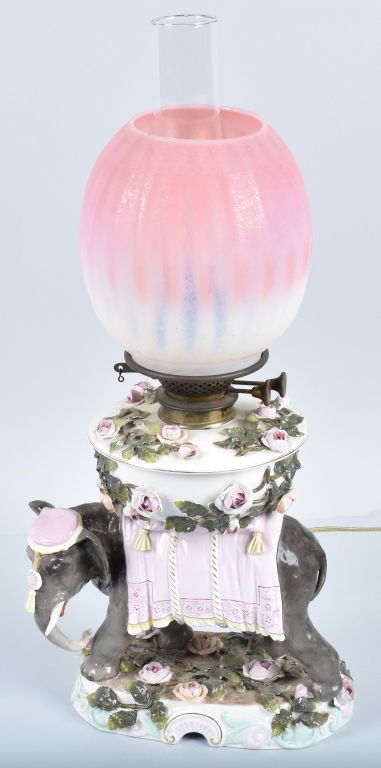CERAMIC ELEPHANT LAMP with PINK OPALESCENT SHADE (1 of 7)