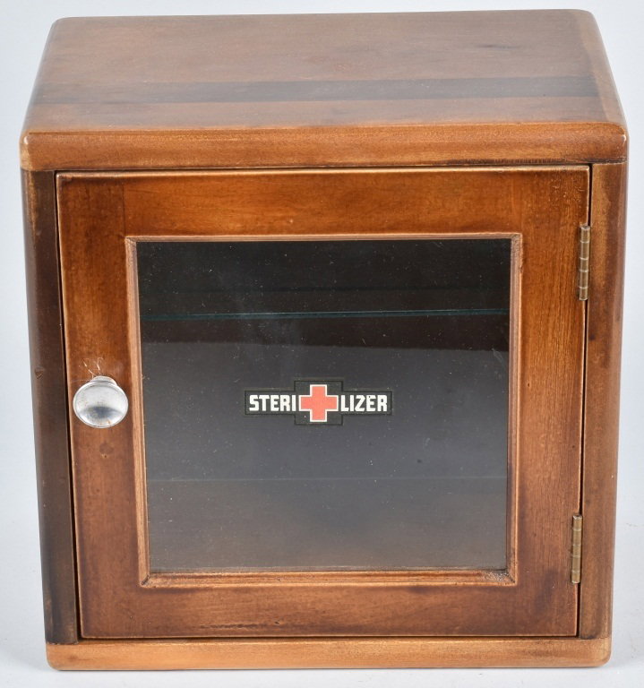 ANTIQUE WOODEN STERILIZER CABINET: Nice original wood Sterilizer Cabinet. Nice finish with glass front door. Has one glass shelf. 12"x12" Excellent