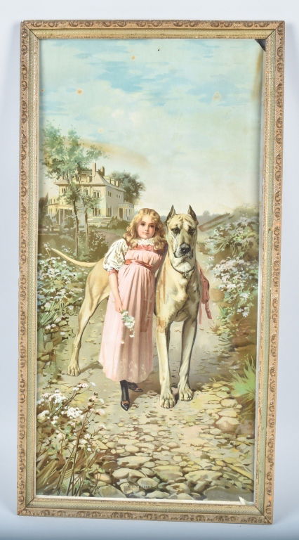 1890s ARBUCKLE COFFEE ADVERTISING POSTER w/ CHILD: Wonderful advertising litho from 1890s for Arbuckles Roasted Coffee. Beautiful child with Great Dane. Wonderful colors. Poster has excellent advertising and graphic on version. Set in vintage frame. 3
