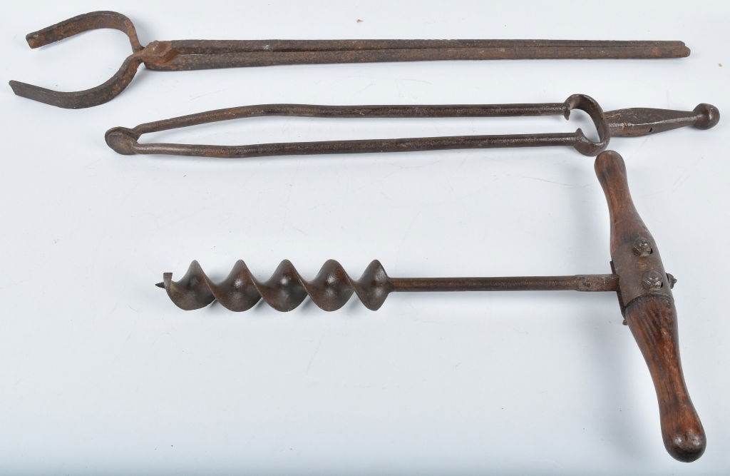 3-ANTIQUE TOOLS, TONGS and AUGER (1 of 2)