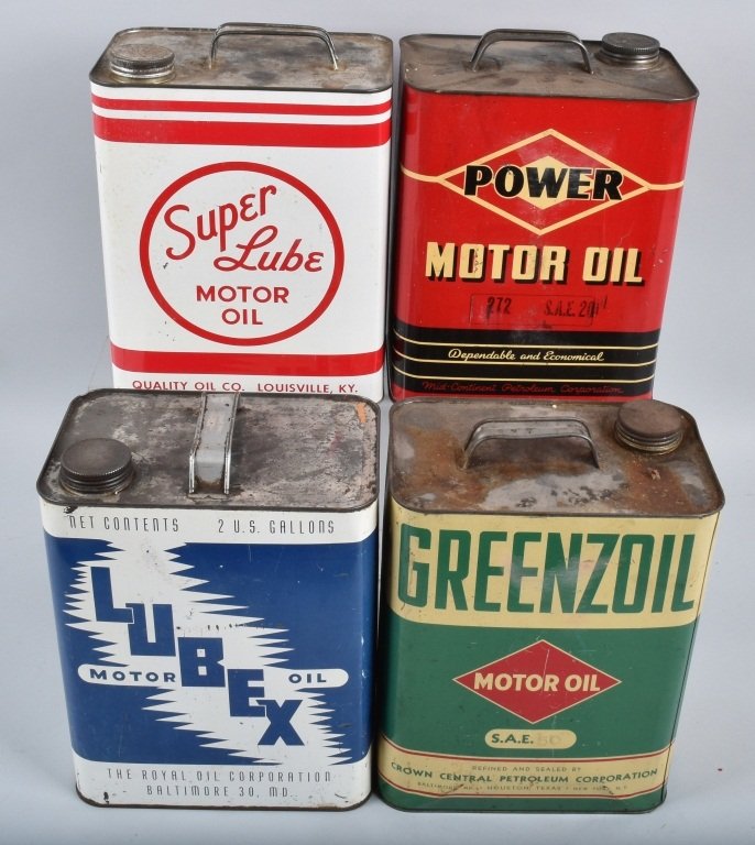 4-VINTAGE 2 GAL OIL CANS GREENZOIL, POWER, & MORE (1 of 5)