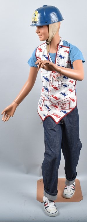 MANNEQUIN w/ ALL AMERICAN SOAP BOX DERBY OUTFIT: Vintage childs mannequin dressed in All American Soap Box Derby Outfit. Has T-Shirt, New Old Stock Jeans, Derby Vest, Derby Helmet, and Shoes. All original and in great shape. One hand has broken fing