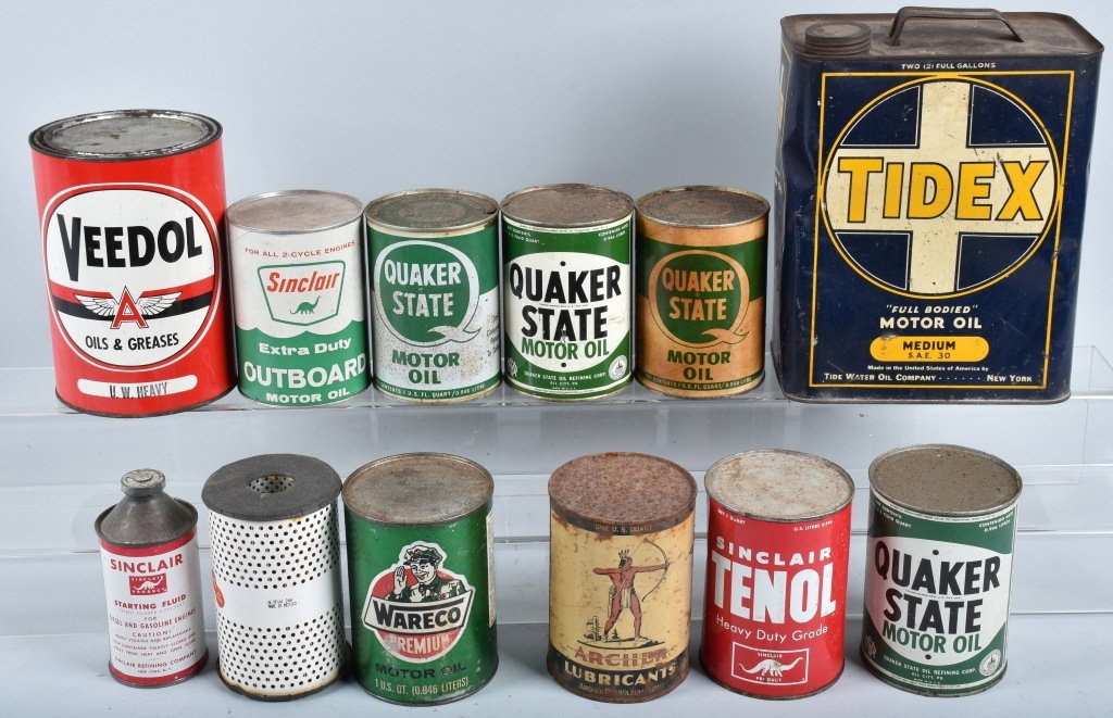 Lot of VINTAGE OIL CANS: Includes 2 gallon Tidex, Veedol, Sinclair, Quaker State, and More. Very Good-Excellent