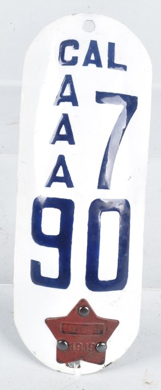 RARE 1919 CALIFORNIA MOTORCYCLE LICENSE PLATE: Beautiful porcelain plate contoured to fit the rear fender of a motorcycle, Excellent porcelain with original brass 1919 tag. Extremely rare plate especially in this condition. Excellent