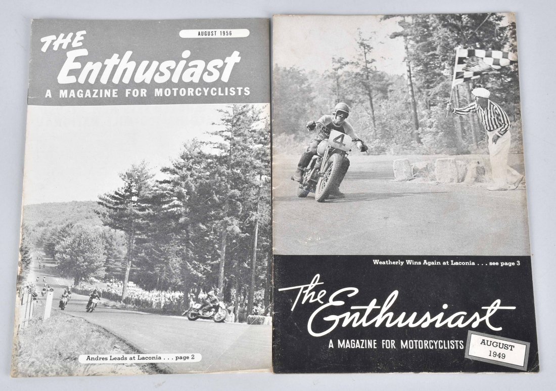 2-HARLEY DAVIDSON ENTHUSIAST MAGS, 1949, 1956: Nice lot, both with articles of Laconia races. Light wear, Excellent