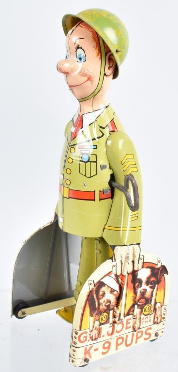 UNIQUE ART Tin Windup GI JOE & K9 PUPS: All original with great colors and shine. Works. 9" Excellent-Near Mint