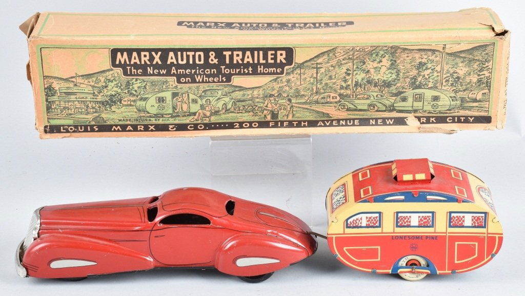 MARX Tin Windup AUTO & LONESOME PINE TRAILER w/BOX (1 of 10)