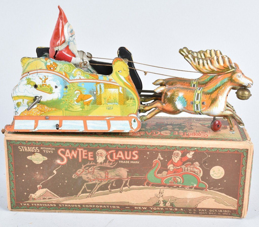 STRAUSS Tin Windup SANTEE CLAUS SLEIGH w/ BOX (1 of 10)