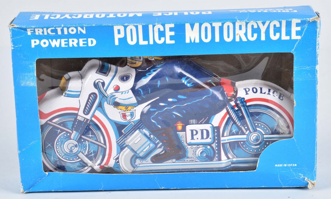JAPAN Tin Friction POLICE MOTORCYCLE w/ BOX: New Old Stock still in the box. 9" Near Mint