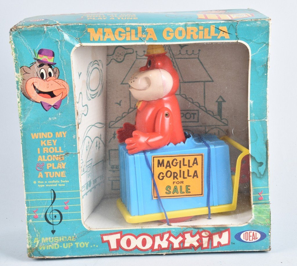 1965 IDEAL MAGILLA GORILLA TOOKYKIN, BOXED: Box measures 13" by 13", windup musical Magilla Gorilla made by Ideal in 1965. Toy was never played with and is original box, which shows wear. Excellent