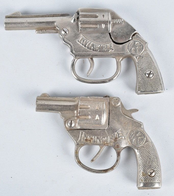 2-CAST IRON KILGORE INVINCIBLE CAP GUNS: Largest is 6", both have nice nickel plating and worked when tested. Excellent