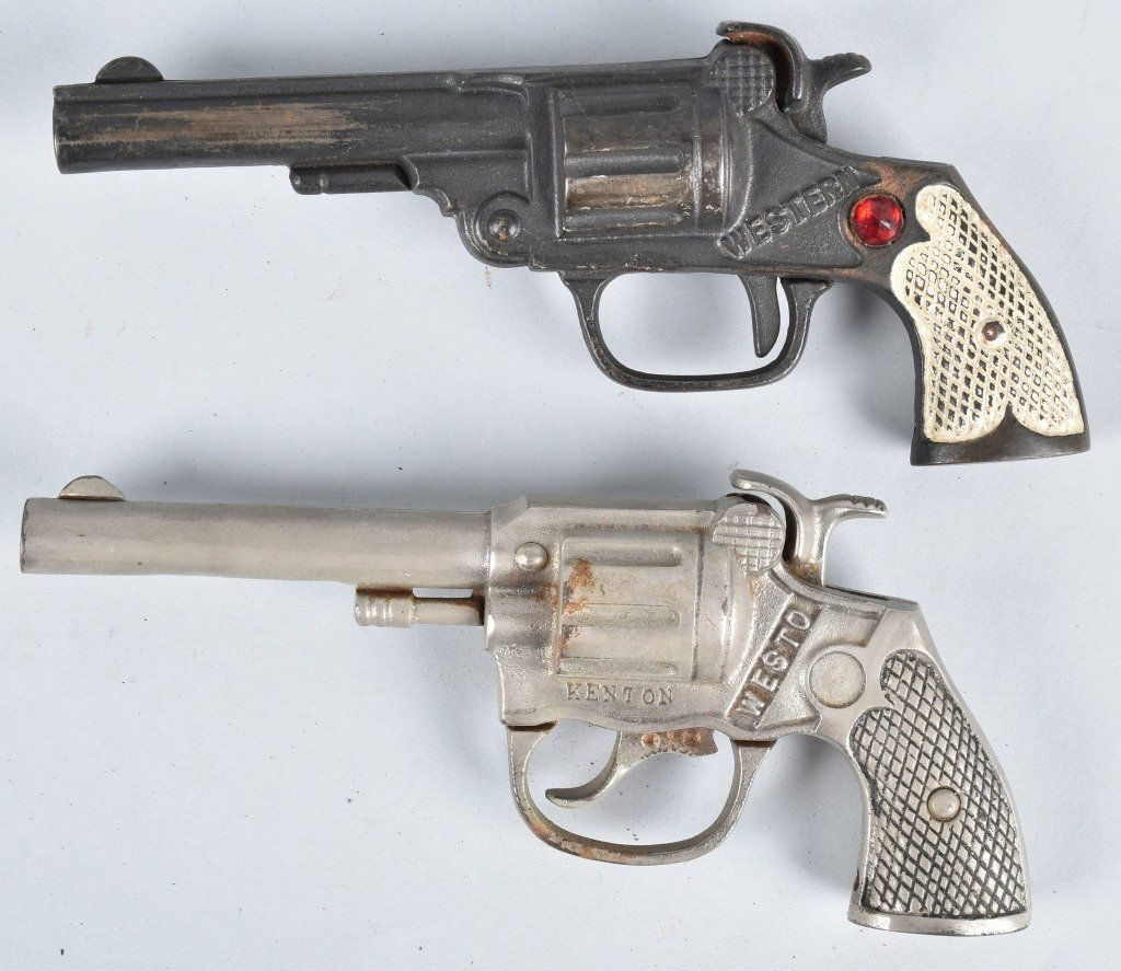 2-CAST IRON CAP GUNS, KENTON and STEVENS: Both guns are 7" long, the Kenton Westo is nickel plated, the Stevens Western is painted. Light wear, worked when tested. Excellent