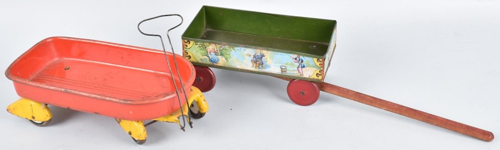 2-EARLY METAL TOY WAGONS: The wagon with the nursery rhyme graphics is 9" by 4", and probably made by Converse, the other wagon is deco style with skirted fenders. It measures about 10 1/2" by 5 1/2". Both have general wear, a