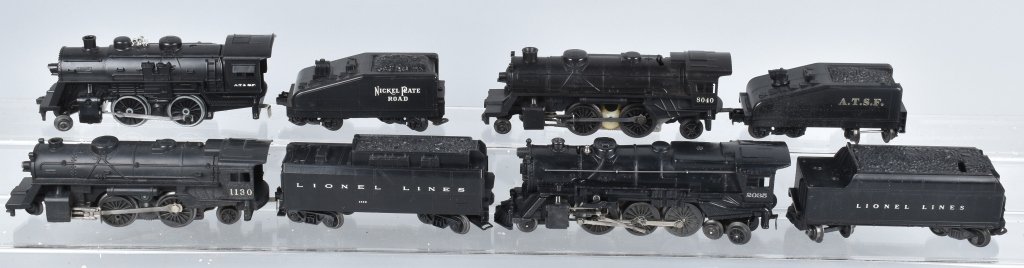 4-LIONEL LOCOMOTIVES and TENDERS: Nice lot with locomotives nos. 2035, 1130, 8040 and AT&SF along with the tenders. Condition varies, most Excellent