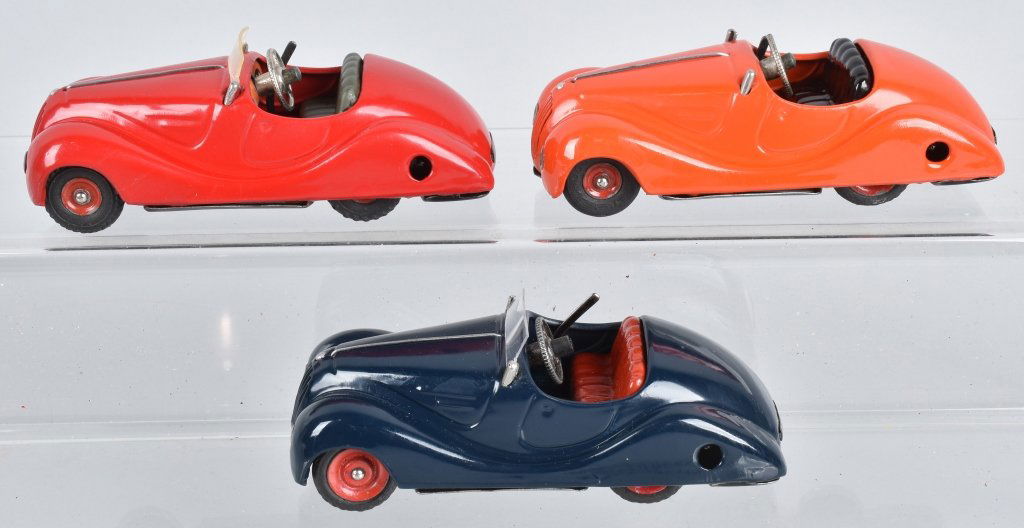 3- SCHUCO AKUSTICO 2001 WINDUP CARS: 3 Schuco 2002 Akustico Cars. All have been repainted. One missing windshield. 6"