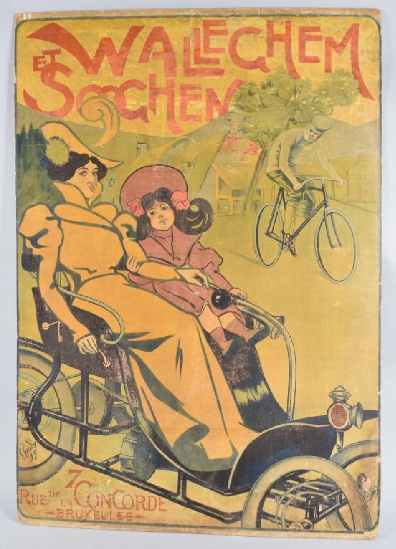 1899 WALLEGHEM ET SOOGHEN AUTOMOBILE POSTER: Walleghem et Sooghen lithographic advertising poster for automobiles. French, c1899. Artwork Georges Gaudy (1872-1940). Depicting turn of the century scene of Lady and Child in early tiller drive auto