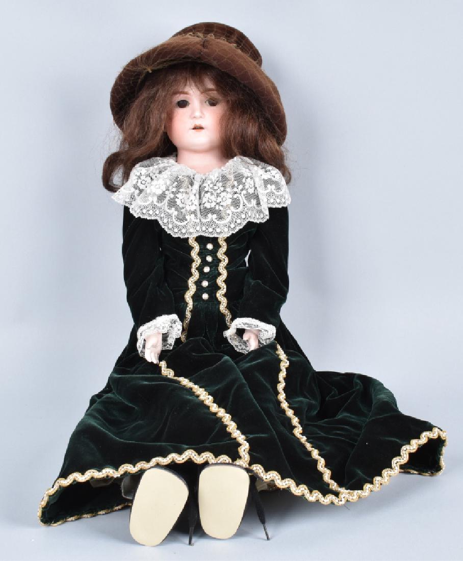 28" ARMAND MARSEILLE MABEL 4 GERMAN BISQUE DOLL: Antique German Bisque Doll by Armand Marseille. Head is marked Mabel 4. Doll has sleepy eyes and open mouth with teeth. All original with no issues. Comes with brown hair wig and dressed. 28" Excellen
