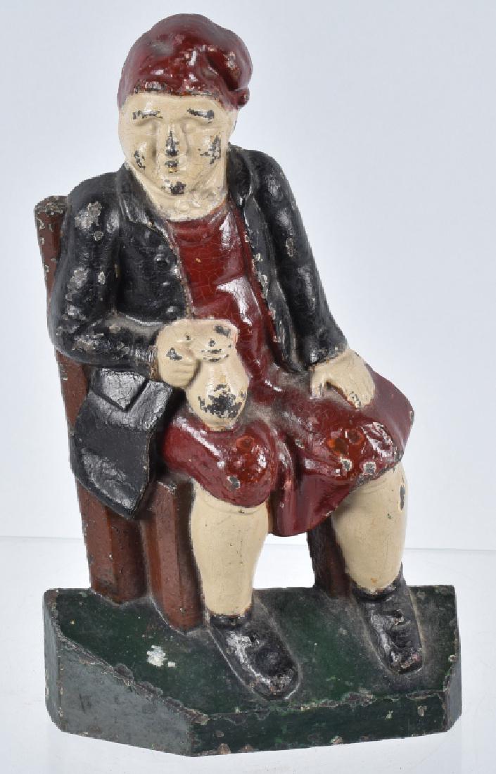 MAN IN CHAIR WITH ALE MUG DOOR STOP: Original door stop with no breaks. Has been repainted. 9 1/2" Very Good