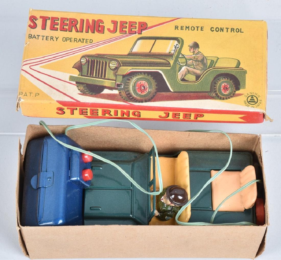 JAPAN Battery Op STEERING JEEP w/ BOX: New Old Stock battery operated Military Jeep. 7" Near Mint
