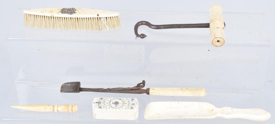 6- Pieces Made with WHALE BONE: Includes Marrow Extractor, Boot Hook, Needle, Shoe Horn, Brush, and Box. All made of natural bone. Largest measures 10" Excellent