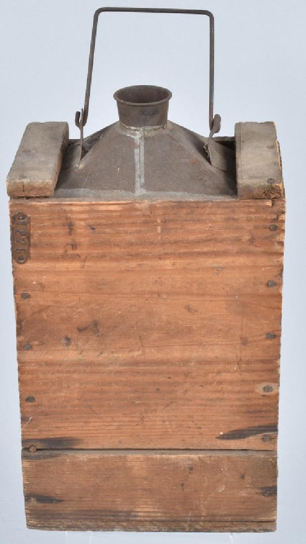 Antique OIL CAN IN WOODEN BOX: Early oil can in original wooden box. Still has handle. Wood box has metal tag embossed 1925. 13" Excellent