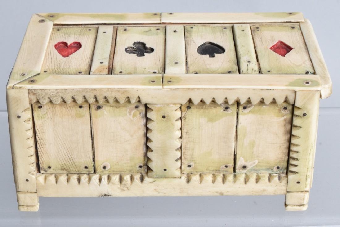 19th Century EBONY & BONE DOMINO SET w/ BOX: Beautiful early carved bone box over ebony wood. Box has some original label on the bottom. Comes with 28 original bone and ebony dominos. 5" Excellent