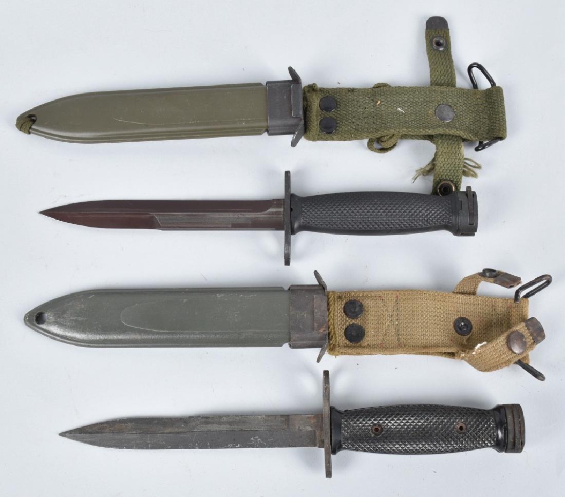 2-M1 CARBINE BAYONETS and SHEATHS: Both measure about 11 1/2" with 6 7/8" blade, The older one is marked US M4 and Bren DA on guard, the other one is marked US M4 on the guard. Condition varies. Very Good-Excellent