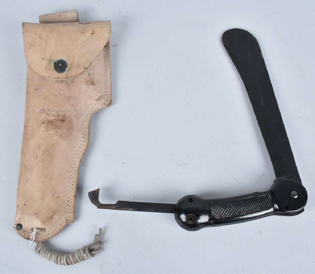 IMPERIAL MILITARY FOLDING MACHETE, and SHEATH: 17" overall with 10 1/2" blade, includes holster style leather sheath and sharpening stone. Excellent