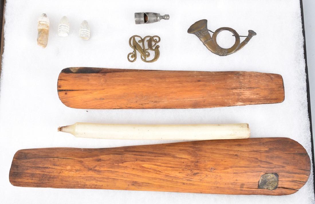 CIVIL WAR LOT, SPLINTS, INFANTRY INSIGNIA & MORE: Nice lot with sentry whistle with pea intact, 2 splints, one with a paper tag B. Welsch 1850, 2 dropped Minnie balls, a 3 ring Minnie cartridge, a Infantry bugle hat device, a candle, and a National G