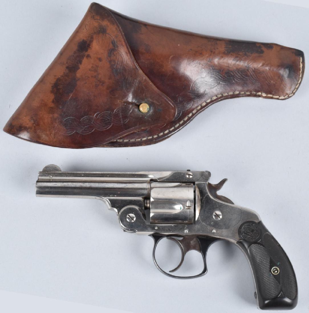SMITH and WESSON .38 DA REVOLVER & HOLSTER: MFG 1894, SN 289927*, 3 1/4" barrel with excellent bore, tight action, nickel finish and hard rubber grips, Engraved A.M. EX. Co 328 on back strap. Includes original tolled leather holster. Excellent
