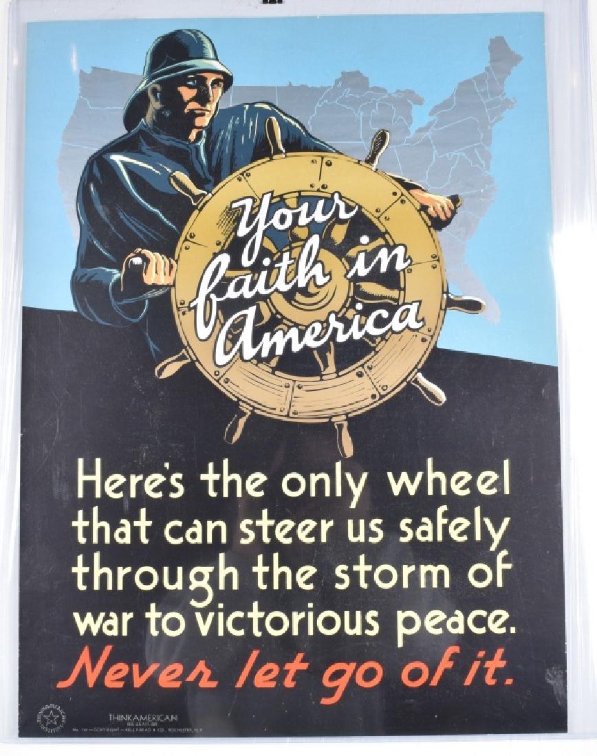 WW2 THINK AMERICAN PATRIOTIC POSTER: About 27" by 20" nice colors and details. Light wear. Very Good-Excellent