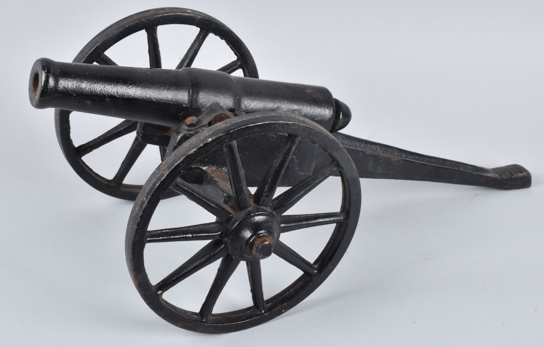CAST SIGNAL / SALUTE CANNON, VINTAGE: 26" overall with 14" barrel with 3/4" bore, wheels are about 10" diameter. Nicely made, and displays great. Very Good-Excellent