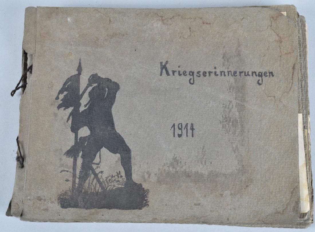 WW1 KRIEGSERINNERUNGEN PHOTO ALBUM, 1914: Nice original album with 73 photographs of soldiers, equipment and battle destruction. Includes a photo of soldier with holstered Luger and several trench shots. The album has general wear and soiling