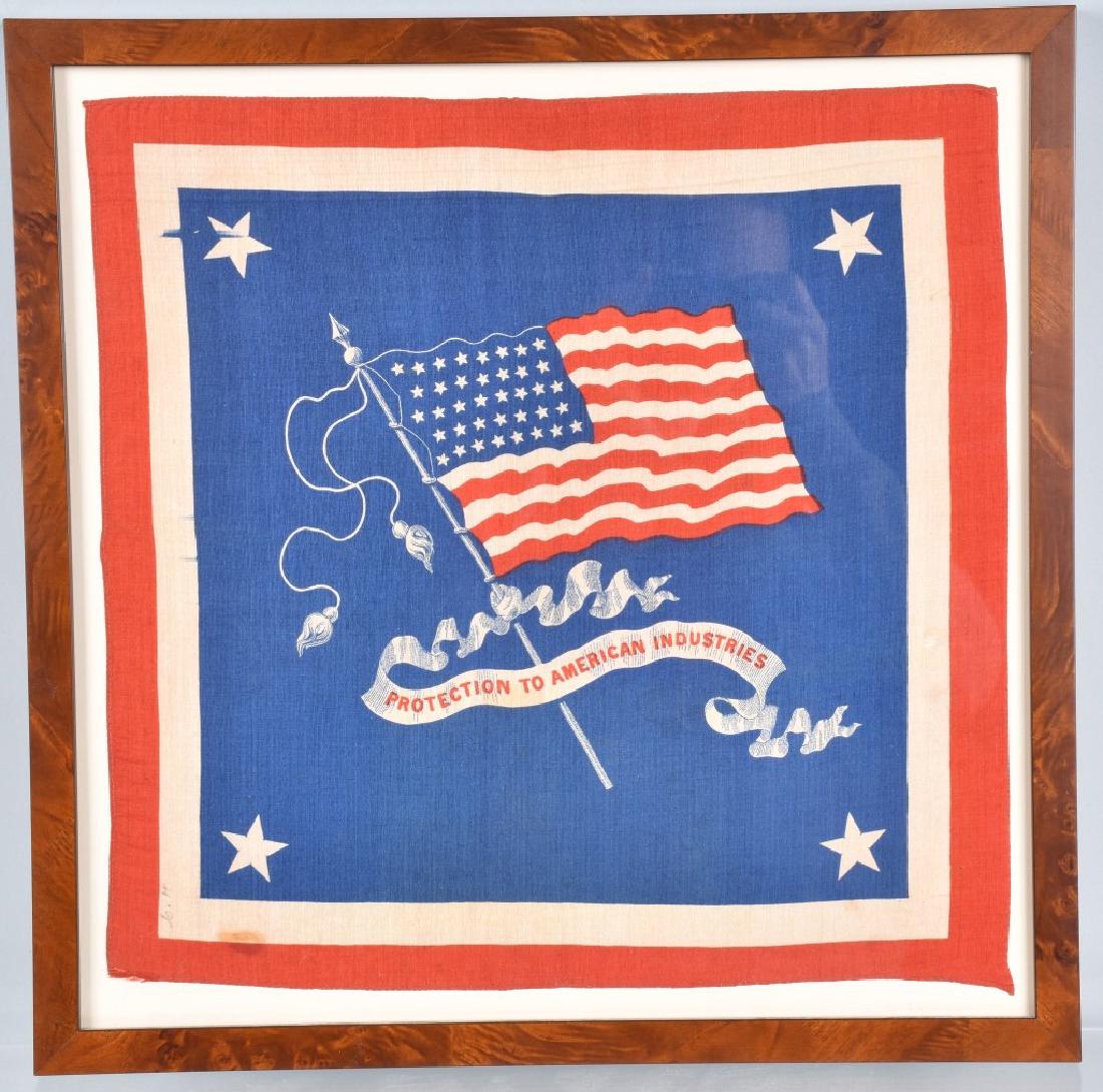 1888 BENJAMIN HARRISON POLITICAL BANDANA: Measures 16" by 15" the colorful bandana features Protection to American Industries, a rallying cry of supporters for Benjamin Harrison in his Presidential bid. Has some soiling, but is bright and col