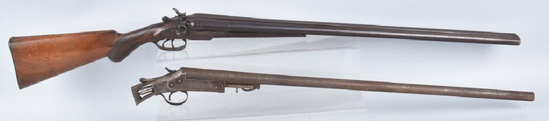 2-PALMETTO and BELGIAN 12 GA. SHOTGUNS: Belgian double barrel SN 2465, 30" barrel with fair bore, good action, has washer under hammer on left hand lock. Very Good* Palmetto has 31 1/2" barrel with fair bore, ,missing stocks. Fair*