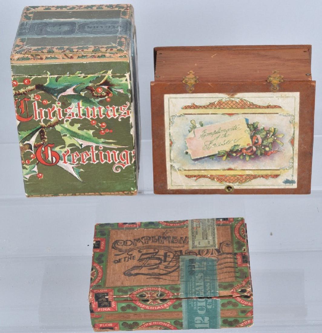 3-CHRISTMAS COMPLIMENTS of the SESAON CIGAR BOXES: Nice grouping of wood cigar boxes with the largest 5" by 4", Very Good