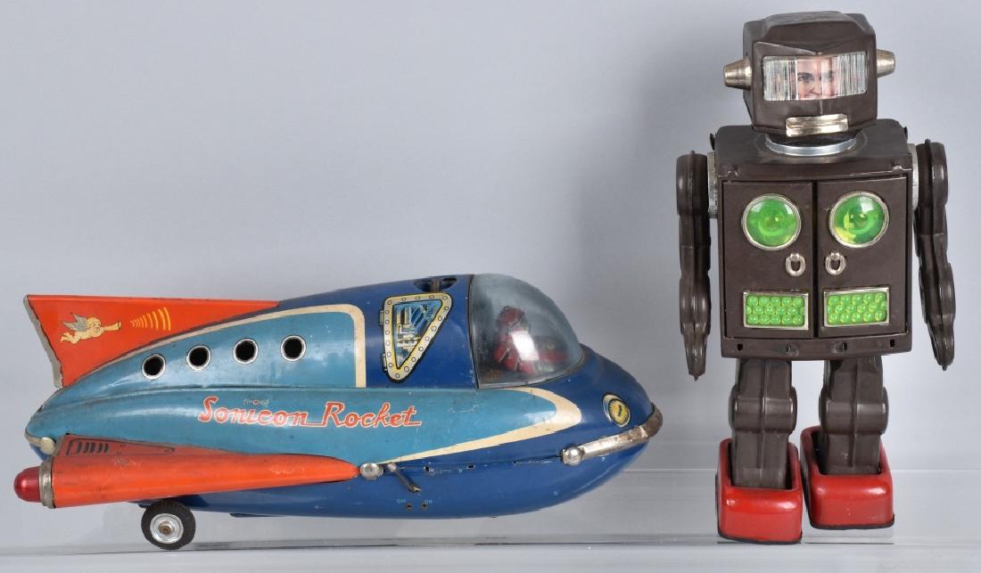 JAPAN TIN BATTERY TOYS, ROBOT and SONICON ROCKET: The Rocket is 14" long and has nice graphics. Missing antenna and lights lit up, but did not work when tested. The Robot is 11" high, and is in nice condition, but has broken on off switch. General we