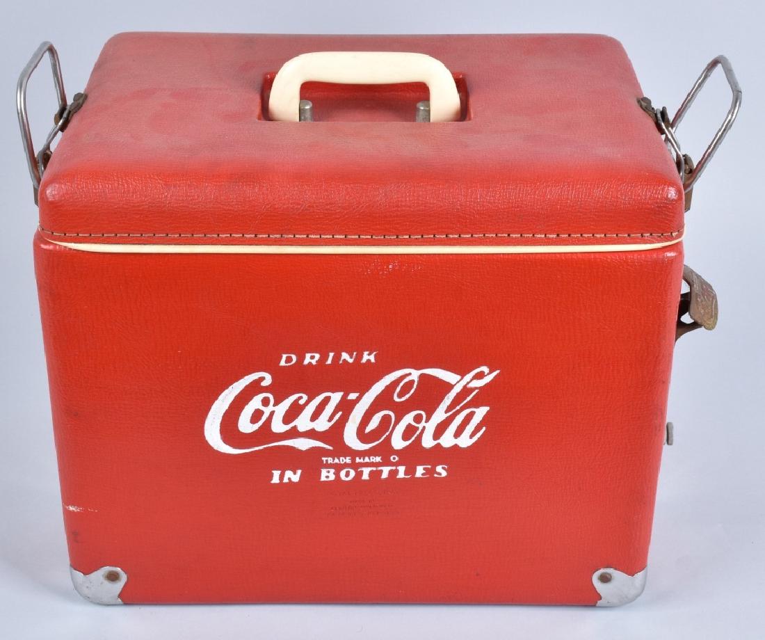 VINTAGE VINYL COCA COLA COOLER: 16" by 12" by 14", has minor wear. Made by Royal Mecco. Clinton Oklahoma. Excellent