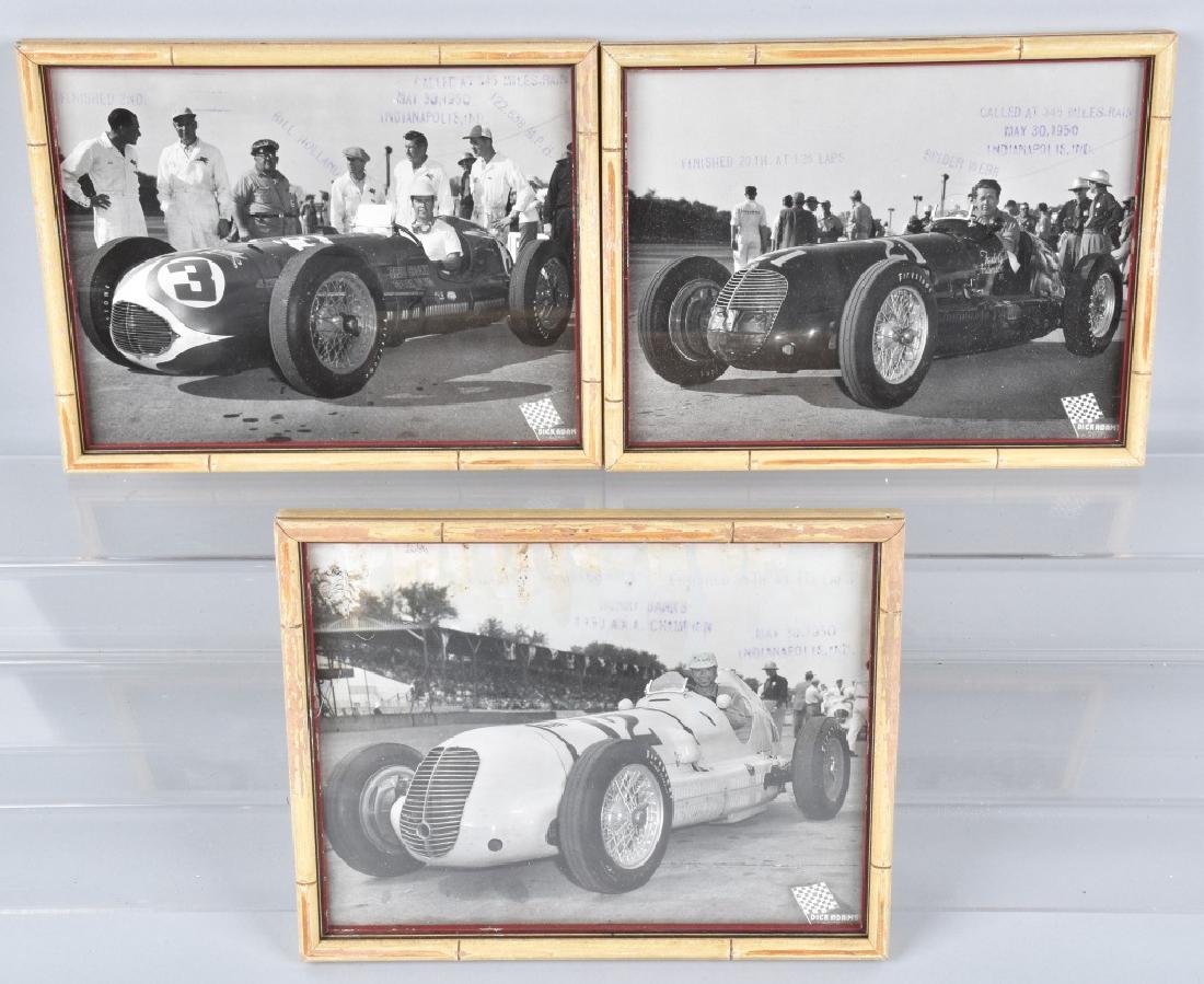 3-1950 INDIANAPOLIS RACING PHOTOS, FRAMED: Nice grouping of original 8" by 10" photos of race cars and Drivers. Includes Henry Banks, Spider Webb and Bill Holland. All stamped and ID'd with Dick Adams in lower right corner. Light wear. Very Go