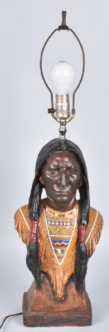 MID-CENTURY LAMP, AMERICAN INDIAN BUST: Great looking lamp measuring 28" to top of shade frame. Bust measures 18". Wonderful details and colors. Light wear. Excellent