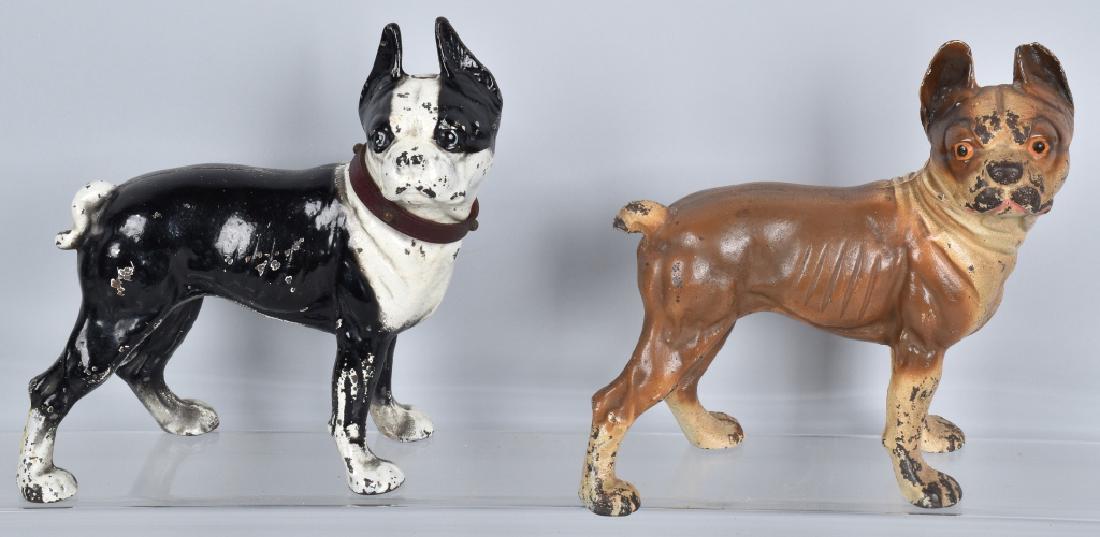 2- BOSTON TERRIER CAST IRON DOORSTOPS: Largest is about 9 1/2" by 9 1/2". Nice colors and cast details. Condition varies. Very Good-Excellent
