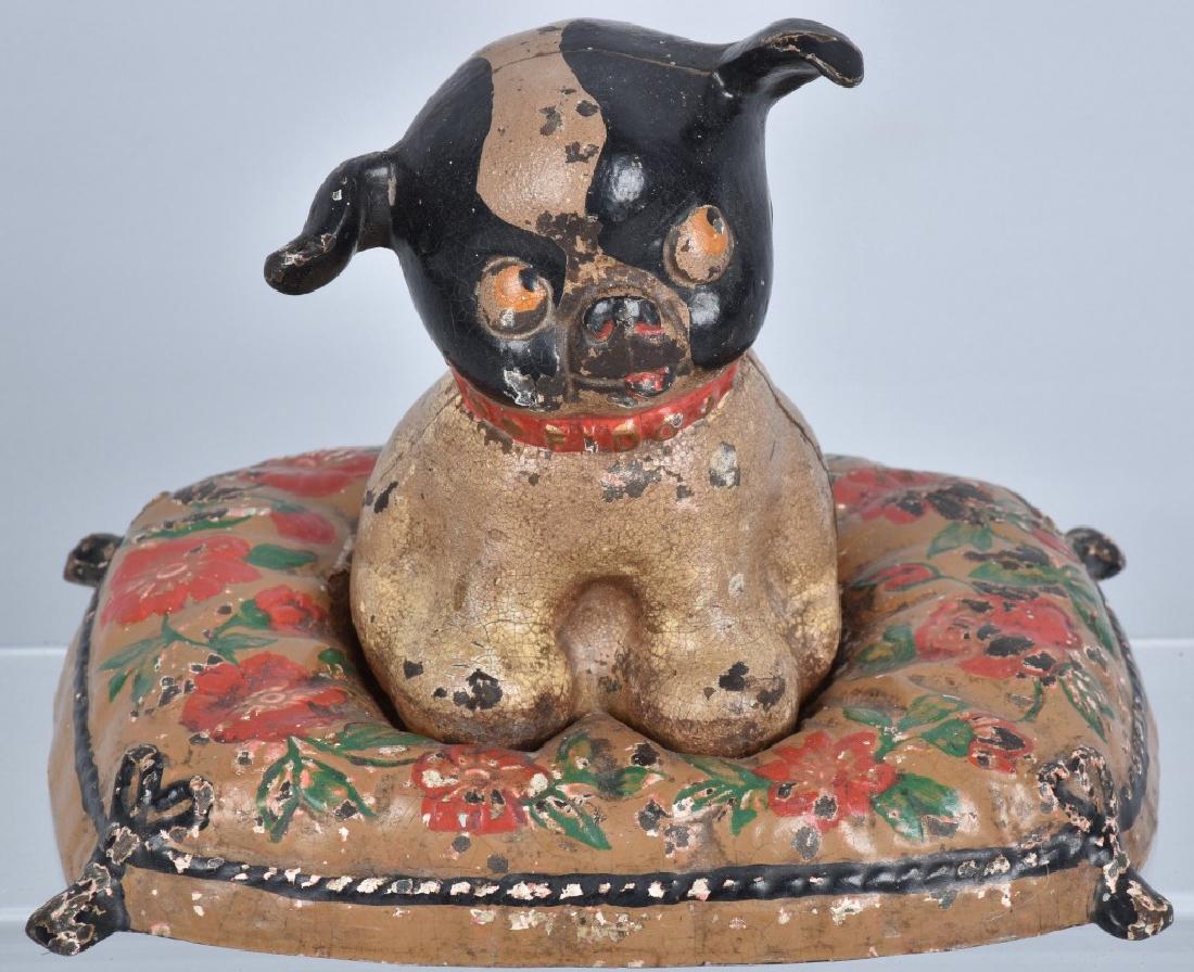 HUBLEY FIDO on PILLOW CAST IRON DOORSTOP: 7 1/2" by 5" by 6", nice details and colors, has general wear and some loss. Displays great. Very Good