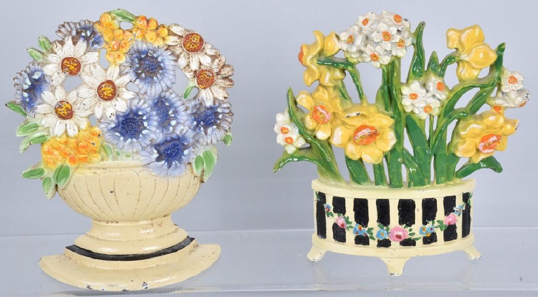 2-HUBLEY BASKET of FLOWERS DOORSTOPS: Largest is 7 1/2", wonderful castings and colors. Light wear. Excellent