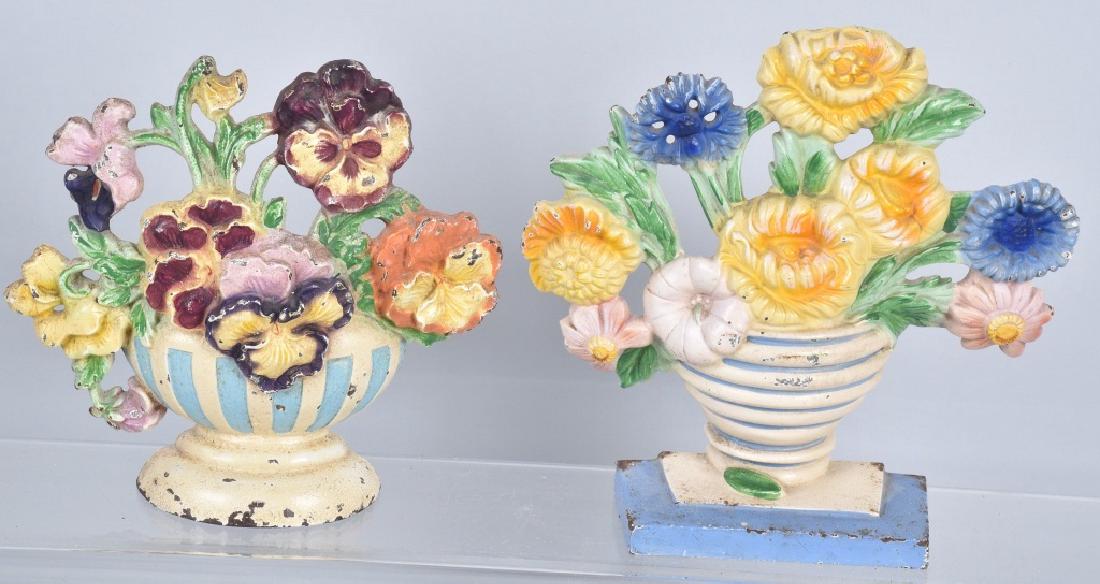 2-HUBLEY BASKET of FLOWERS DOORSTOPS: Largest is 7 3/4", wonderful castings and colors. Light wear. Excellent