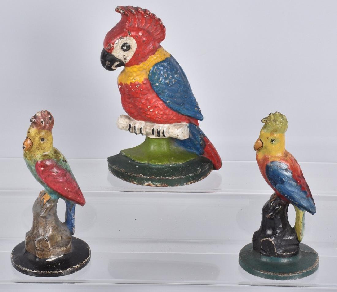3-PARROT & COCKTOO CAST IRON DOORSTOPS: Largest is 8" and is made by Hubley, The Cockatoos are made by Albany Foundry. Great colors and details. Light wear and loss. Very Good-Excellent