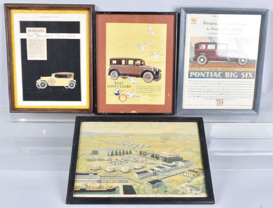 3-COLOR AUTOMOBILE ADVERTISEMENTS, & MORE, FRAMED: Largest is the Texas Co. Petroleum factory print at 17" by 12". Lot also includes Marmon, Wills Sainte Claire and Pontiac Big Six advertisements. Nice colors and graphics,light soiling and wear. Very 